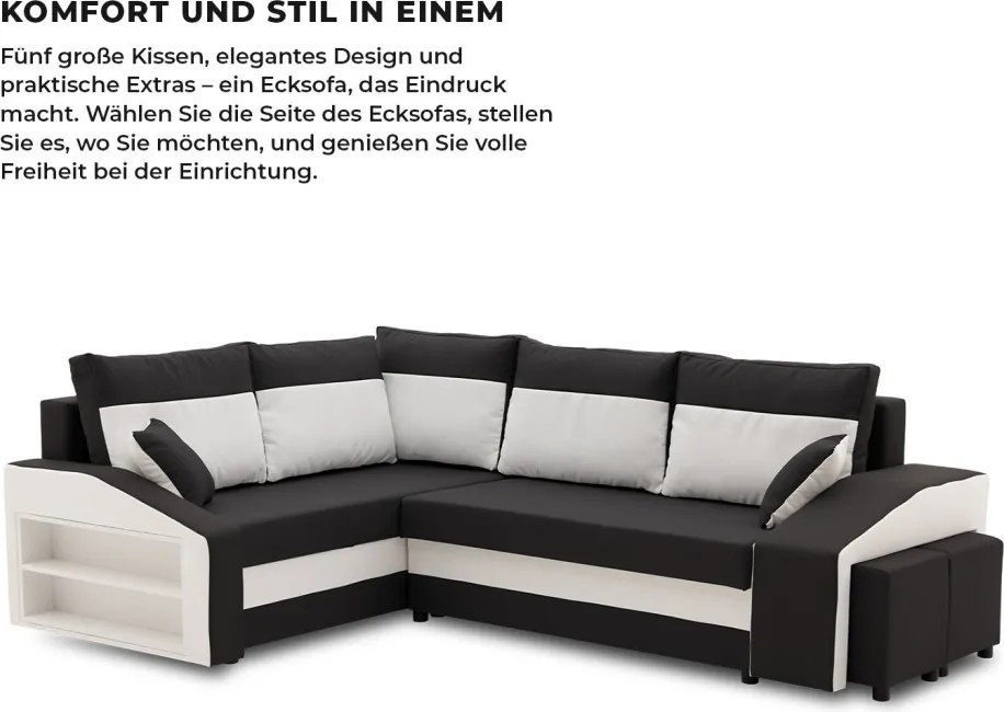 Grande sarokkanapé polcokkal és puffokkal , polc a bal karfaban puffok a jobb karfaban, baloldali, szövet anyag, bonell töltet, fekete - fehér