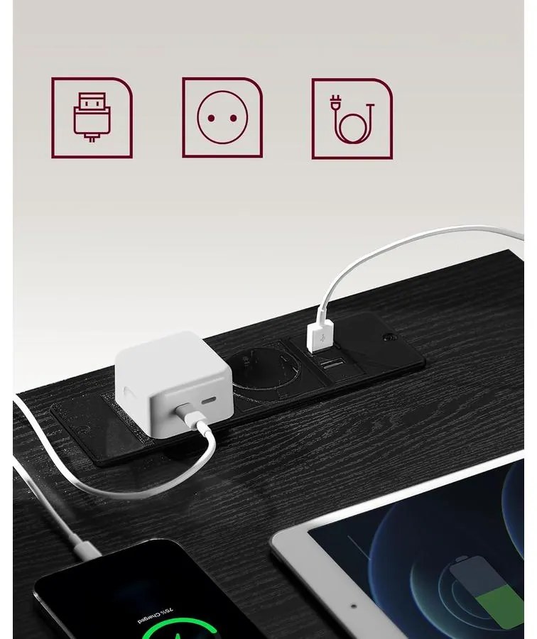 VASAGLE Éjjeliszekrény 2 darabos szett, 2 hálózati aljzattal és 2 USB-porttal, fekete színben