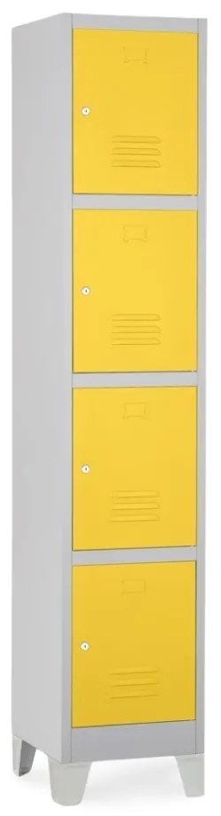 Fém szekrény - 4 doboz, 38 x 45 x 195 cm, fix lábakkal, hengerzár, sárga - ral 1023