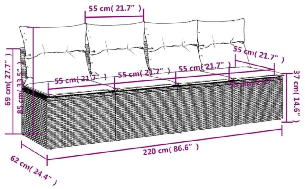 vidaXL 4 személyes barna polyrattan kerti kanapé párnával