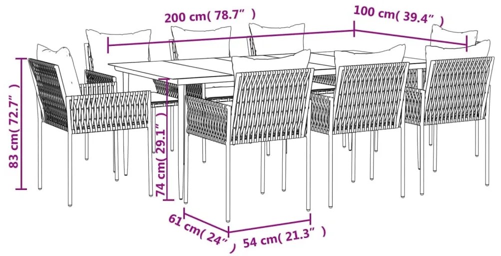 vidaXL 9 részes polyrattan és acél kerti étkezőgarnitúra párnával