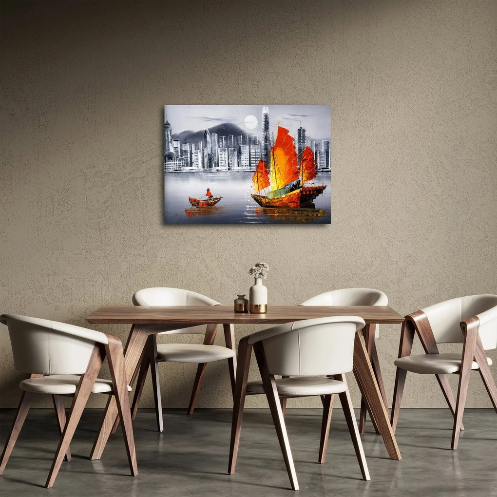 Festmény - Victoria Harbour, Hong Kong, fekete-fehér olajfestmény (70x50 cm)