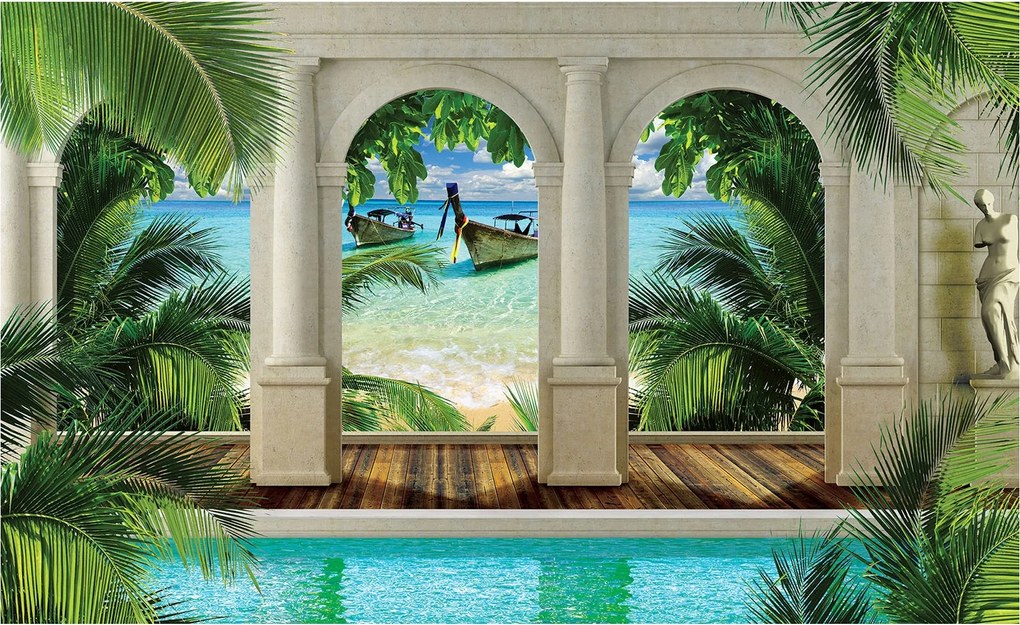 Flizelin fotótapéta Földközi-tenger medence pálmafák terasz 312x219 +ragasztó