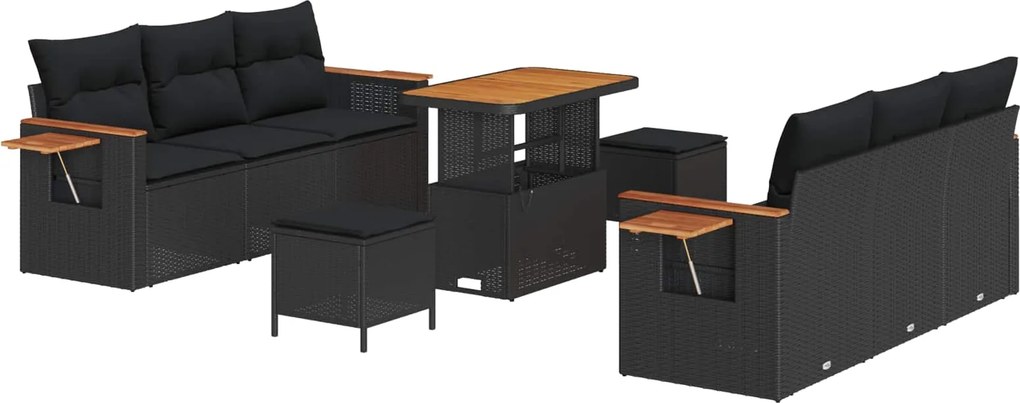 vidaXL Kerti Kanapé Szett 9 pcs Fekete Poli rattan és porfestett acél