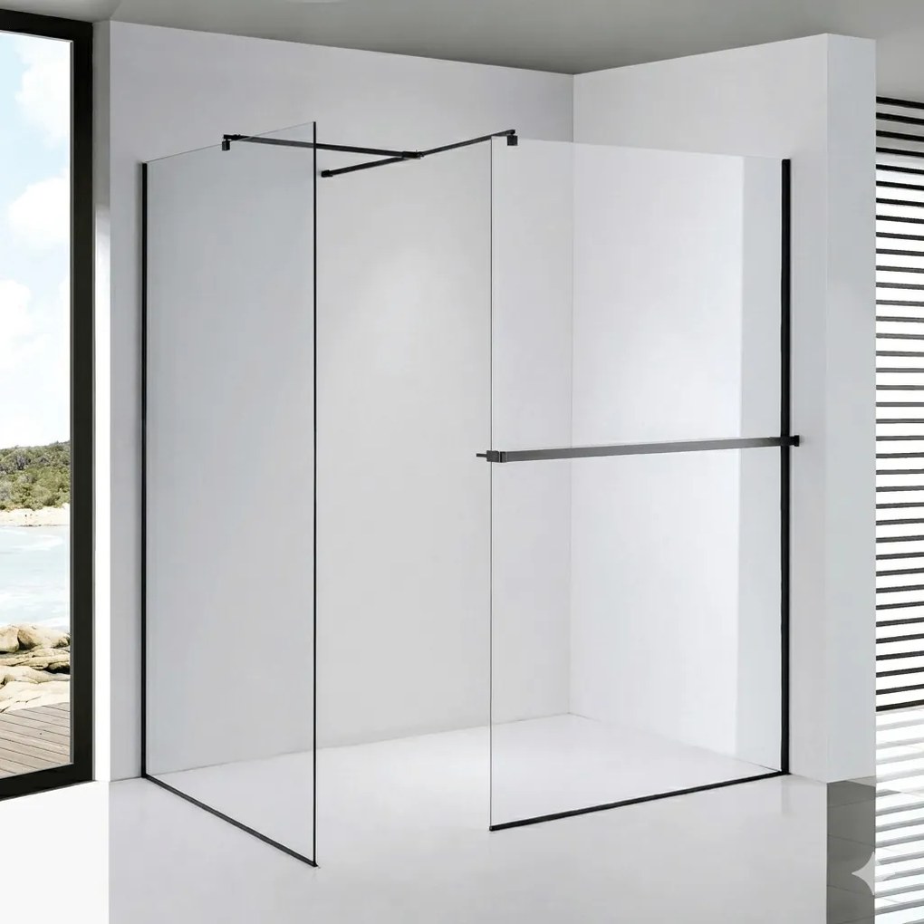Stuxi Milano Kombi Plus 1 Black Walk-in zuhanyfal, 140x70 cm, 8 mm vastag vízlepergető biztonsági üveggel, polccal és törölközőtartóval