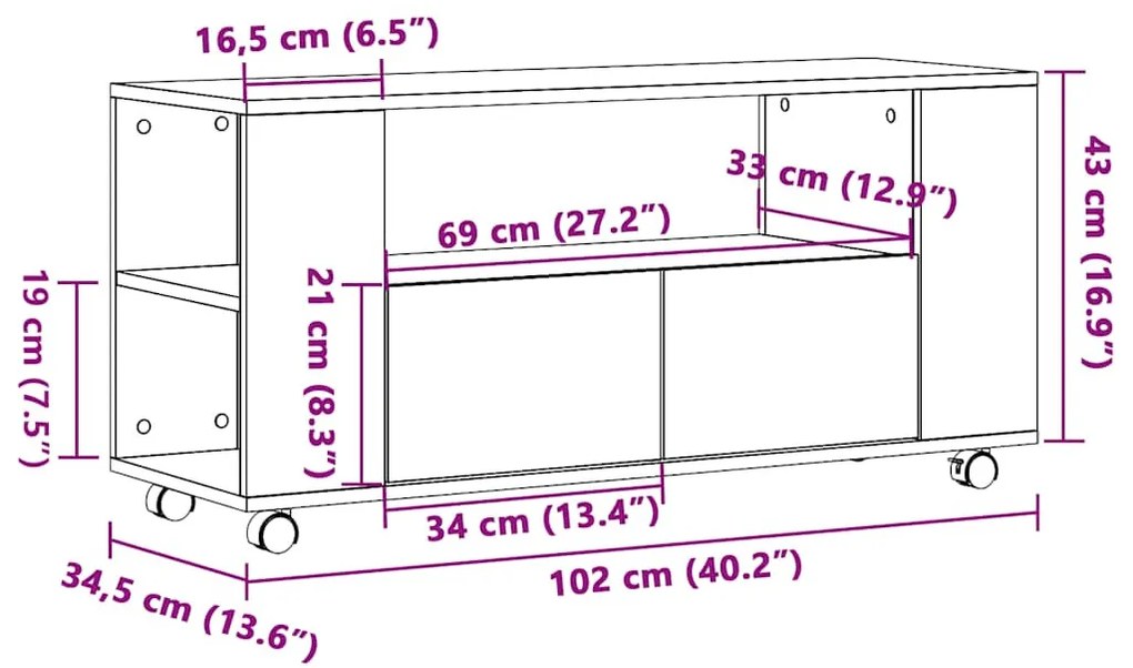 kézműves tölgy szerelt fa TV-szekrény kerekekkel 102x34,5x43 cm