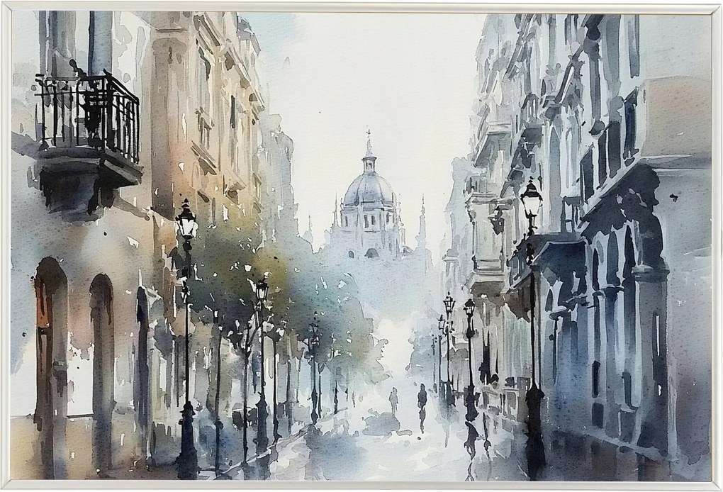 Poszter Alumínium Keret Akvarell Utca Óváros Templom Tájkép 60x40