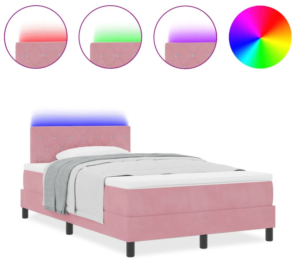 Box Spring Ágy Matrac és LED Rózsaszín 120x200 cm Bársony