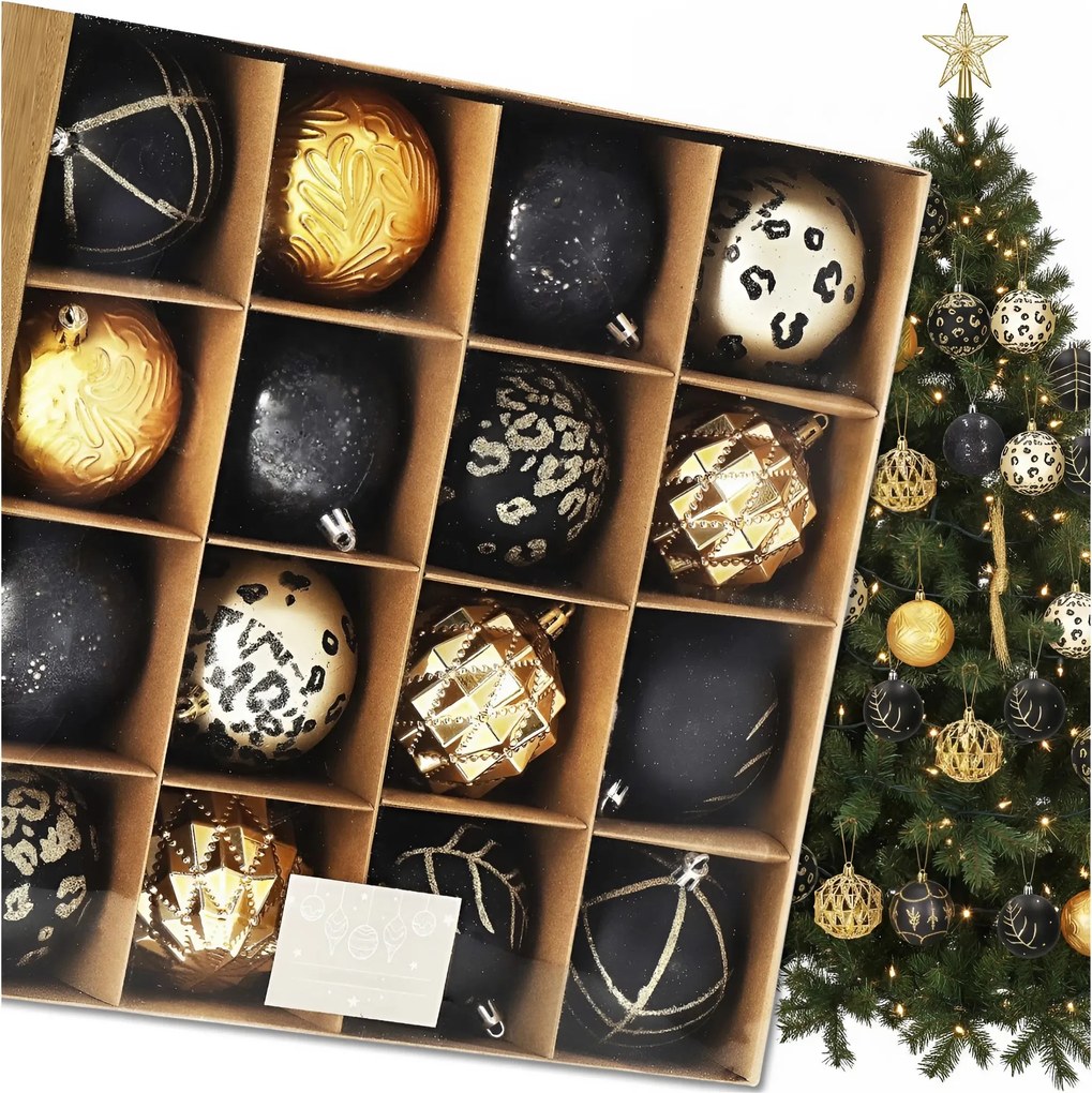 Karácsonyfadísz Arany Fekete Díszek Dekoráció 8CM 16DB-OS Szett