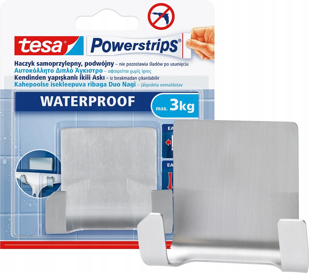 Fürdőszobai öntapadós akasztó Tesa Powerstrips Ezüst Fém 3 kg