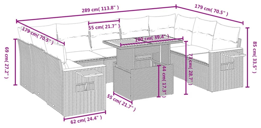 10 részes bézs polyrattan kerti ülőgarnitúra párnával