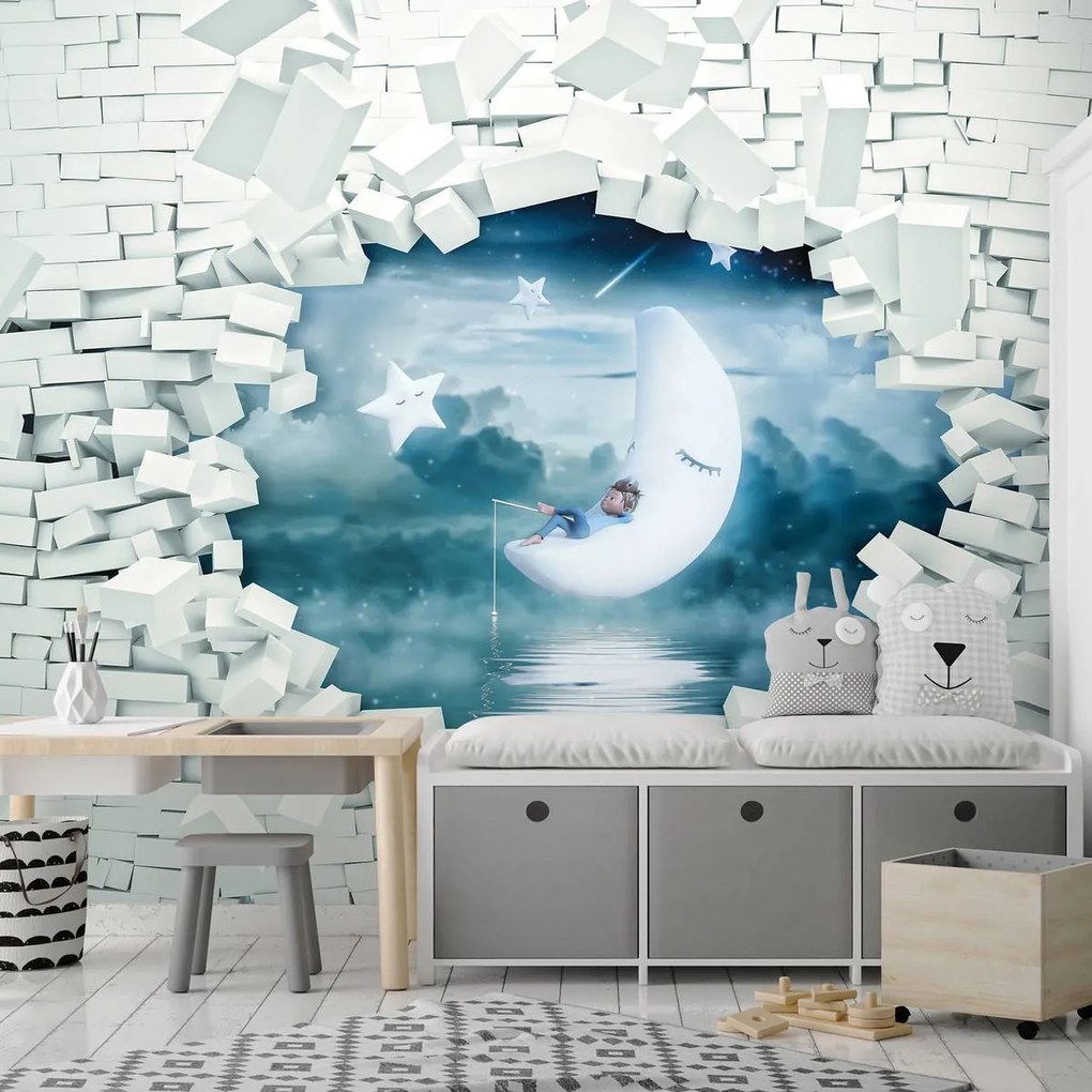 Fotótapéta - Téglafal és egy fiú a holdon (152,5x104 cm)