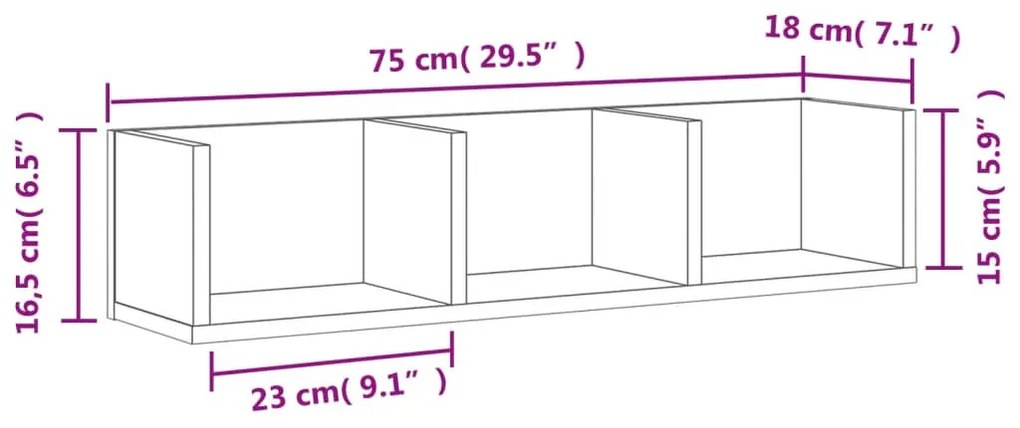 fekete szerelt fa faliszekrény 75x18x16,5 cm