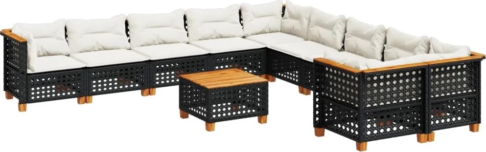 vidaXL 11 részes fekete polyrattan kerti ülőgarnitúra párnákkal