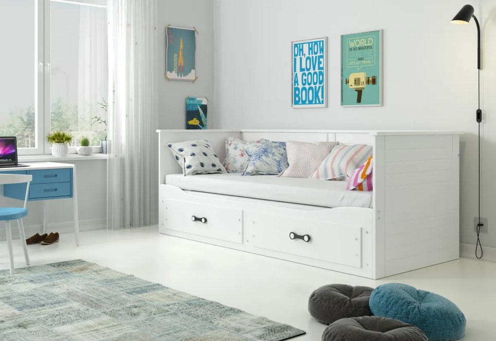 HERMES P2 gyerekágy + ágyneműtartó + matrac + INGYEN ágyrács, 200x80, fehér