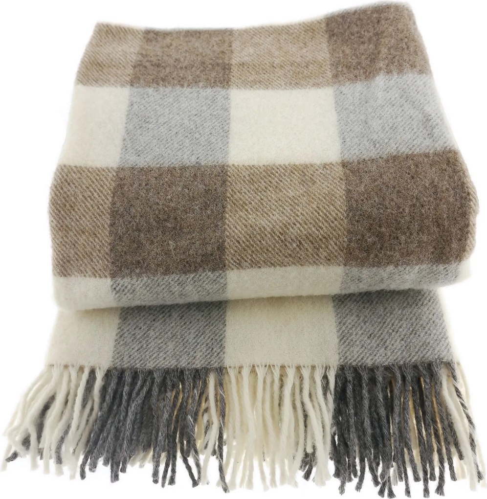 Gyapjú takaró rojtokkal 150x200 új-zélandi gyapjú sakktábla Bézs barna