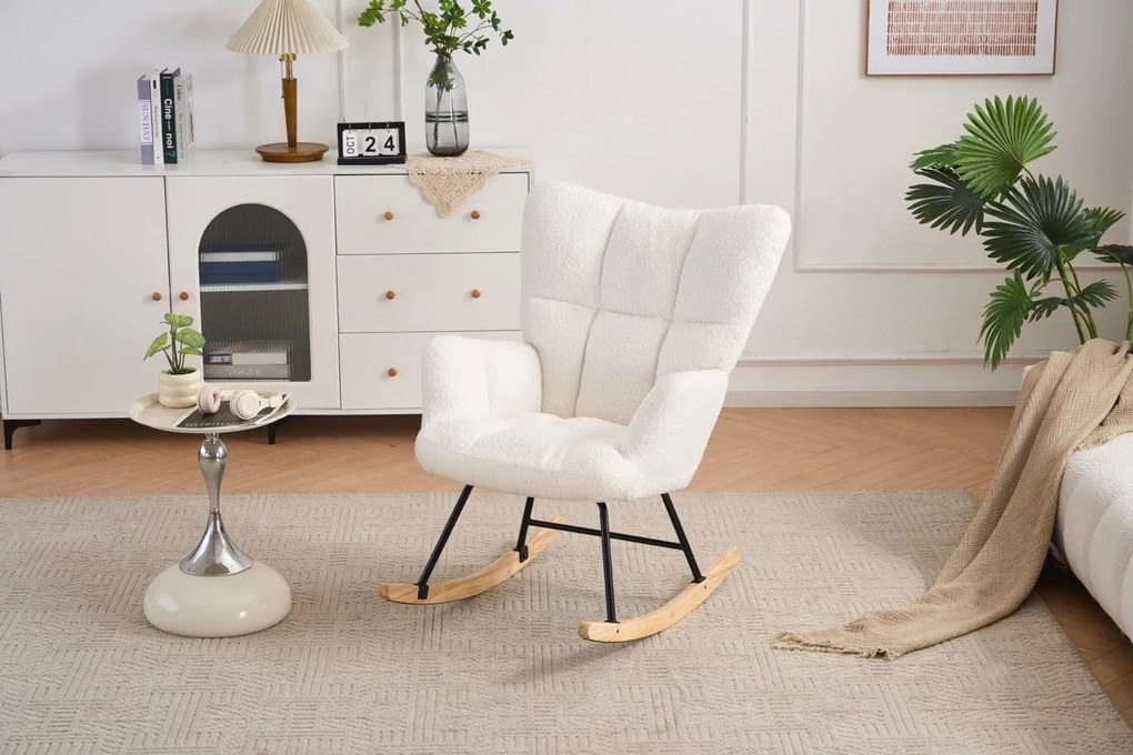 Hintaszék, relaxációs szék, szoptatós fotel plüss szövet kárpitozással, fehér színű