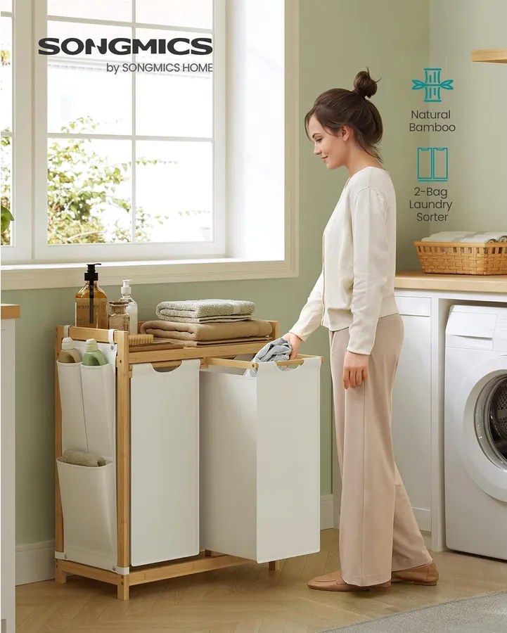 Szennyeskosár 2 rekesszel, szennyestartó, 100 literes, 63 x 33 x 78 cm, krémfehér