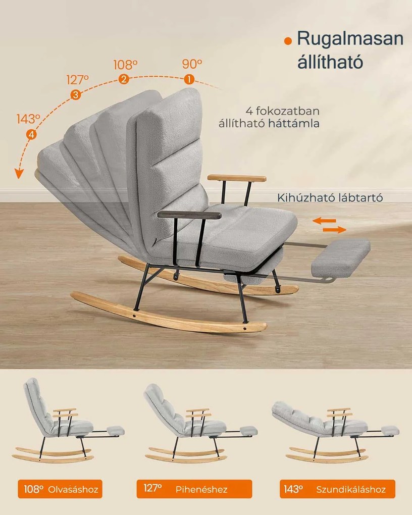 Hintaszék fa lábakkal, plüss szövettel, 4 fokozatban állítható háttámlával, Szürke színben