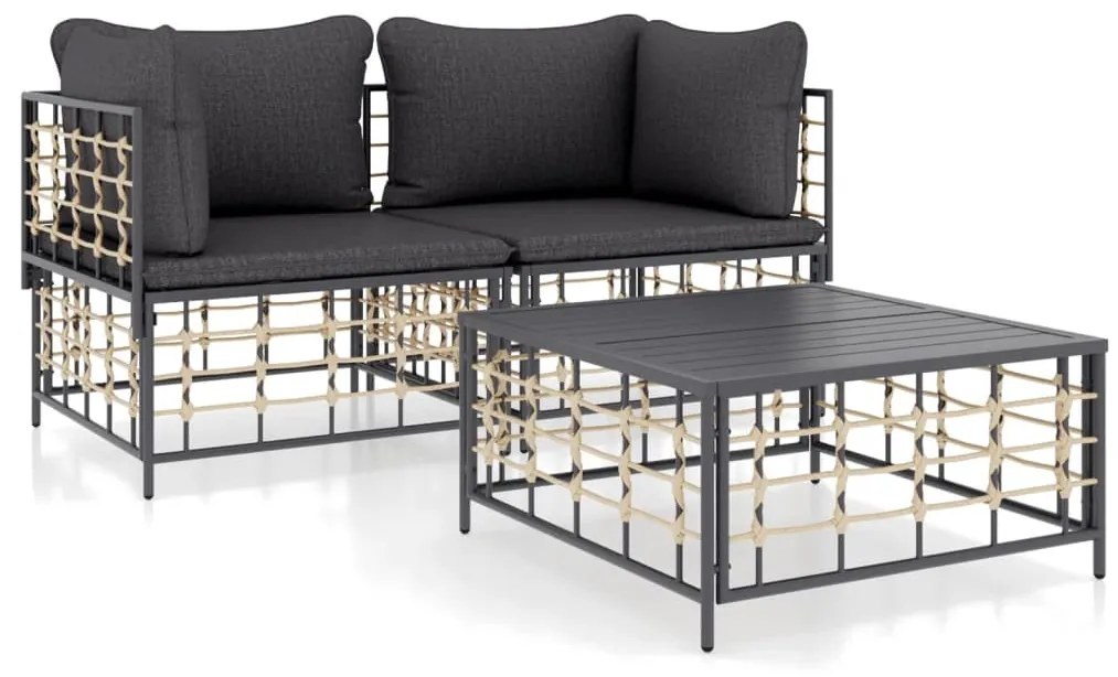 3 részes antracitszürke polyrattan kerti ülőgarnitúra párnákkal