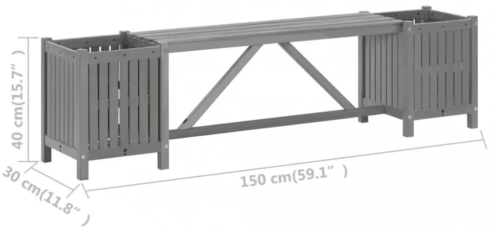 szürke tömör akácfa kerti pad 2 virágtartóval 150 cm
