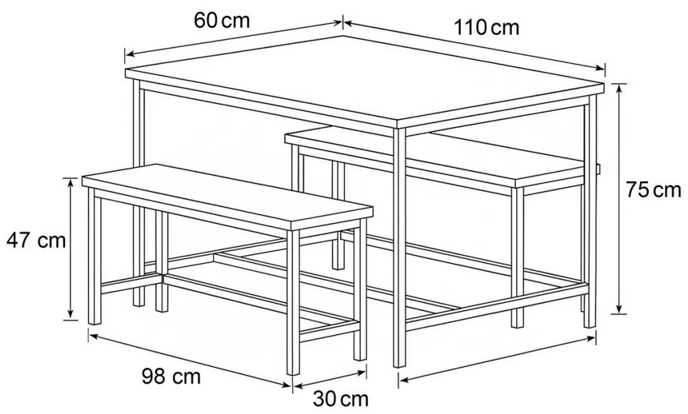 Étkezőgarnitúra 1 asztal +2 pad, asztal mérete 110x60x75, pad mérete 98x30x47, MDF, Öregtölgy színben. Nem víz és Uv álló.