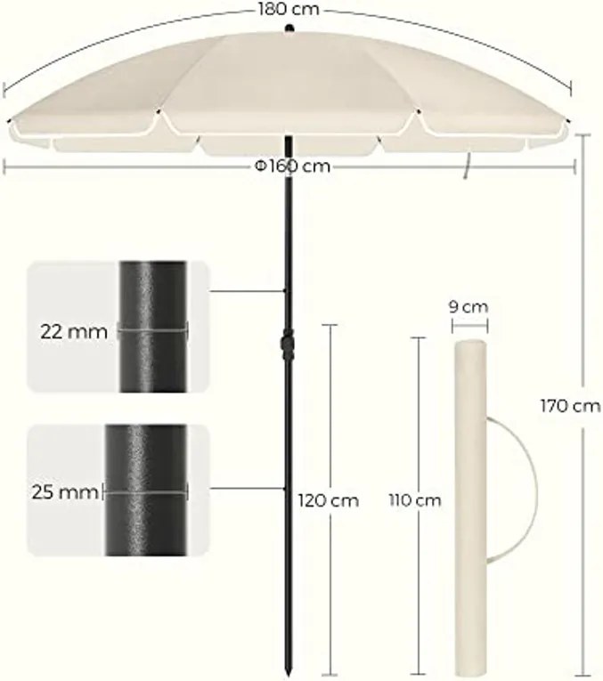 Napernyő 160 cm, Napvédelem UPF 50+, 30°-ban dönthető, talp nélkül, bézs