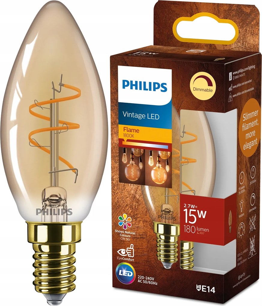 Led izzó Philips E14 2.7W 15W 1800K Filament Vintage Retro Dekoratív