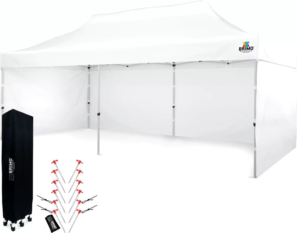 Párty sátor 3x6m Keresztvázas (3 fal) - Acél szerkezet és ponyva 330g/m² - plusz 3 oldalfal - Fehér