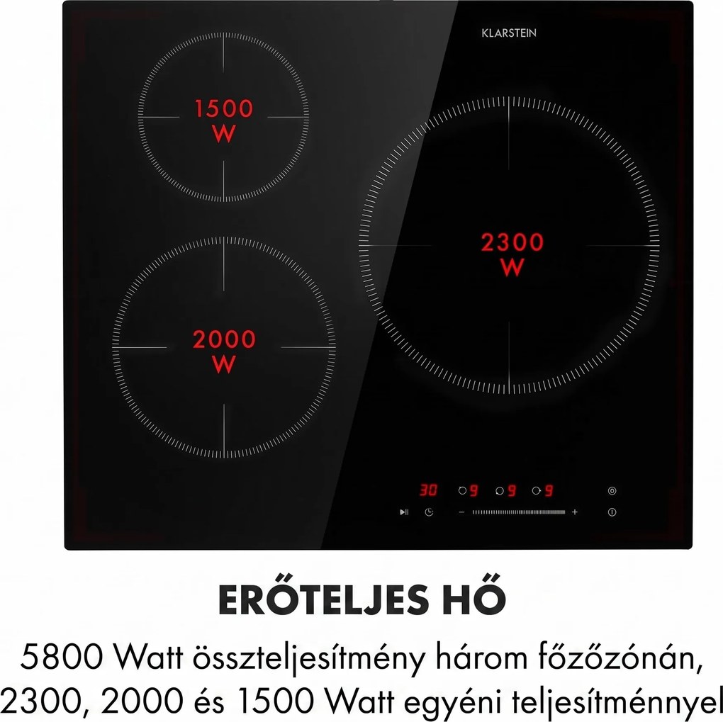 Klarstein Delicatessa 3, indukciós főzőlap, 5800 W, 3 zóna, üvegkerámia, fekete