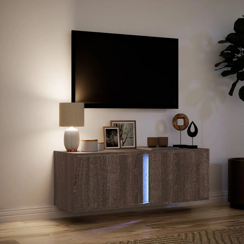 barna tölgyszínű fali TV-szekrény LED-del 100x31x35 cm
