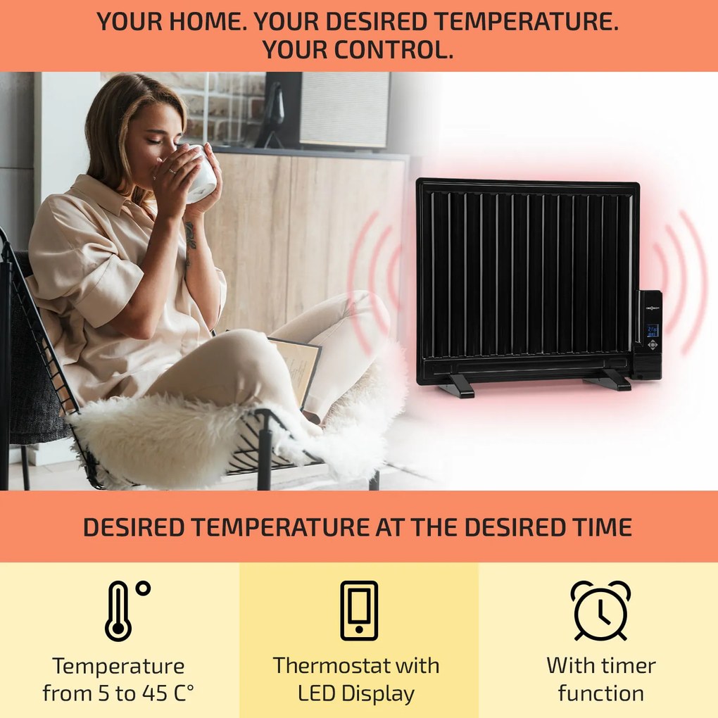 Wallander, olajradiátor, 600 W, termosztát, olajfűtés, lapos design, fekete
