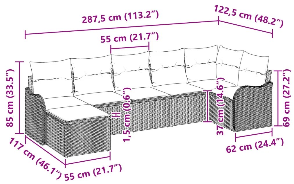 7 darabos kerti kanapékészlet párnákkal világosszürke poli rattan, 2 üléses kerti kanapé párnákkal világosszürke poli rattan