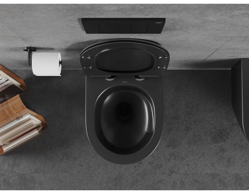 Mexen Lena, falra akasztható wc csésze 490x360x340 mm, Perem nélküli Tornado + duroplast wc ülőke, matt fekete, 30220185T
