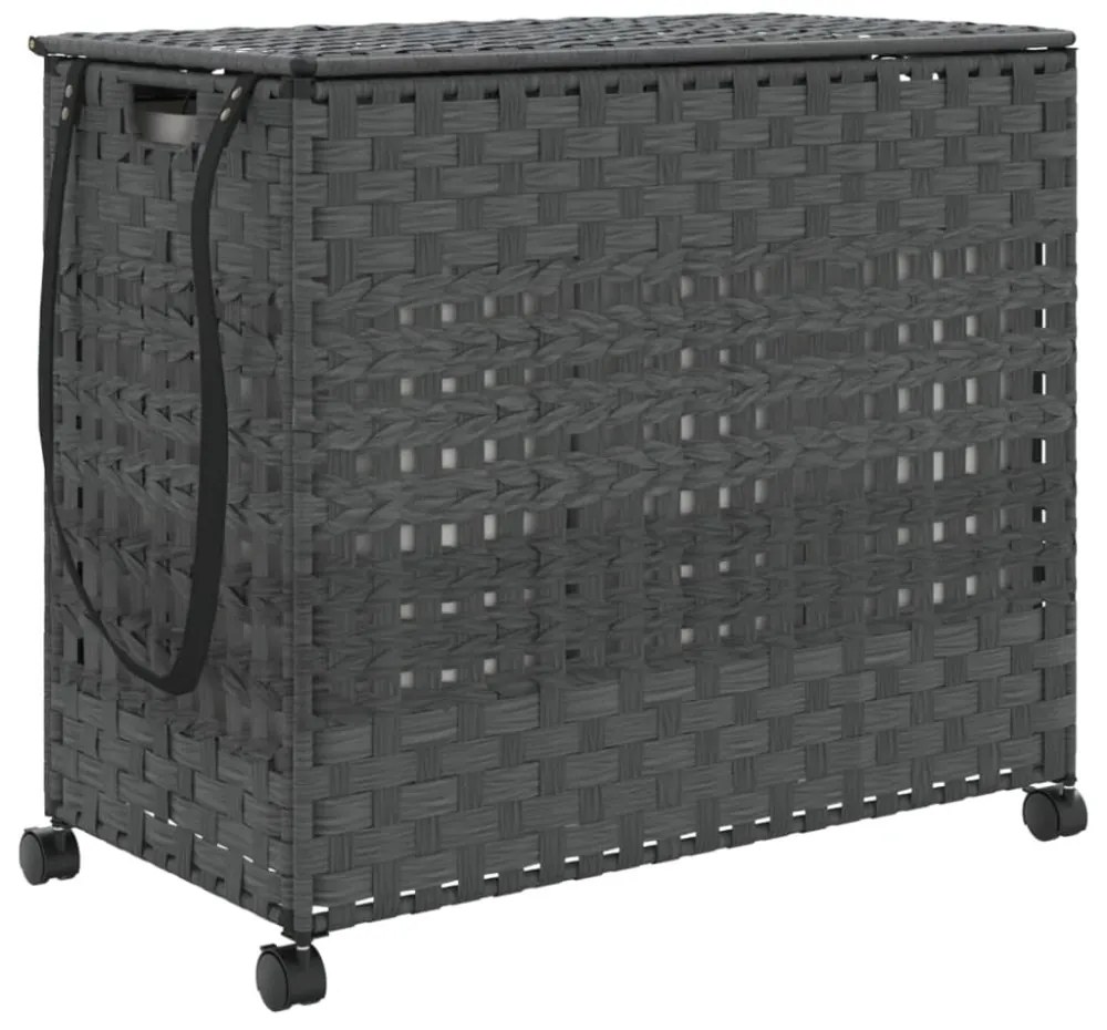 szürke rattan szennyeskosár kerekekkel 66x35x60 cm