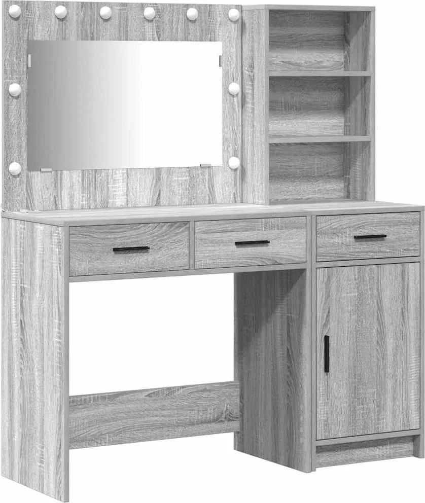vidaXL Öltözködőasztal tükör lámpákkal fiókkal 2 pcs Szürke Faanyag