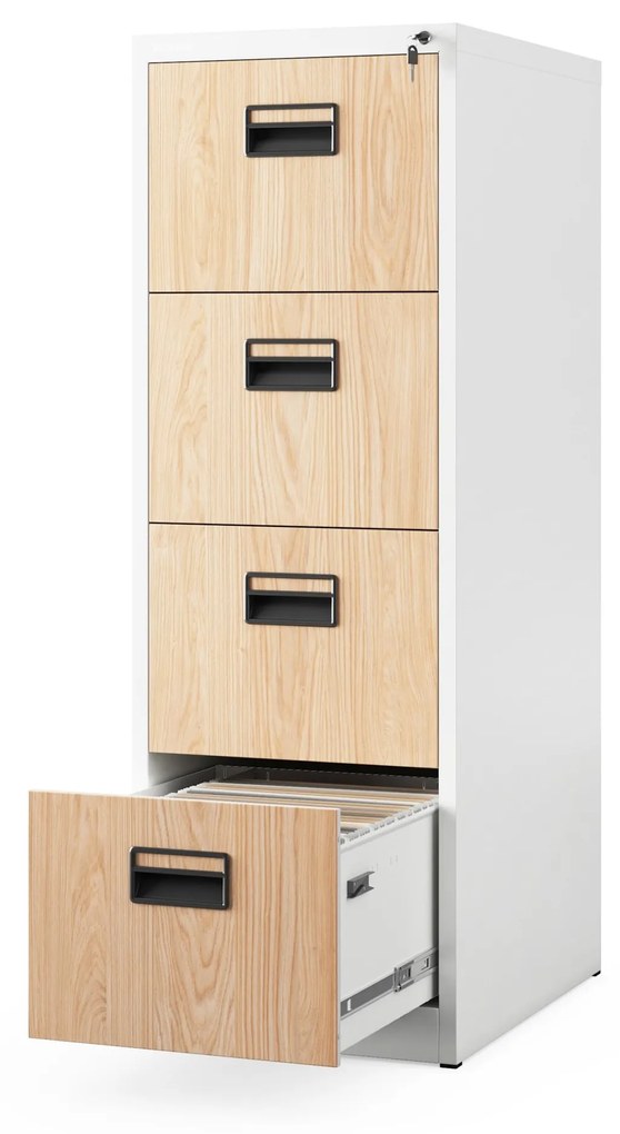 Fém irattartó szekrény, 4 fiókos SARA V4, 460 x 1320 x 620 mm, Eco Design: fehér/ sonoma tölgy