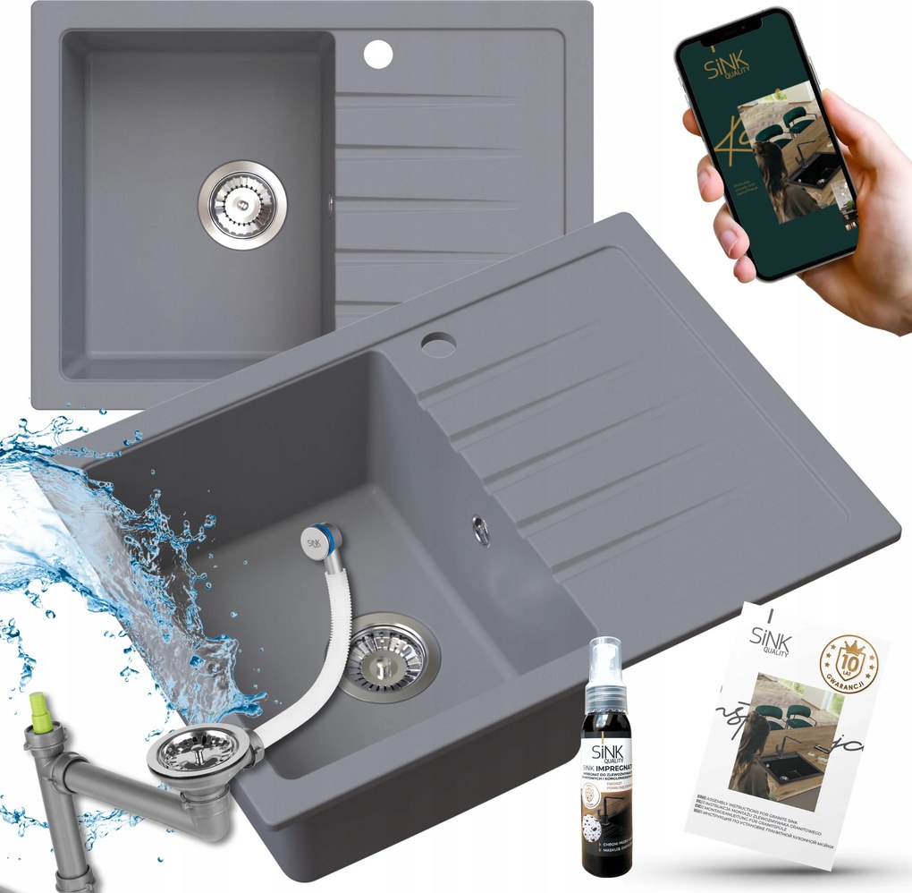 Gránit Mosogató 68x50 Szürke Titanite+krómozott Szifon+impregnáló 7in1