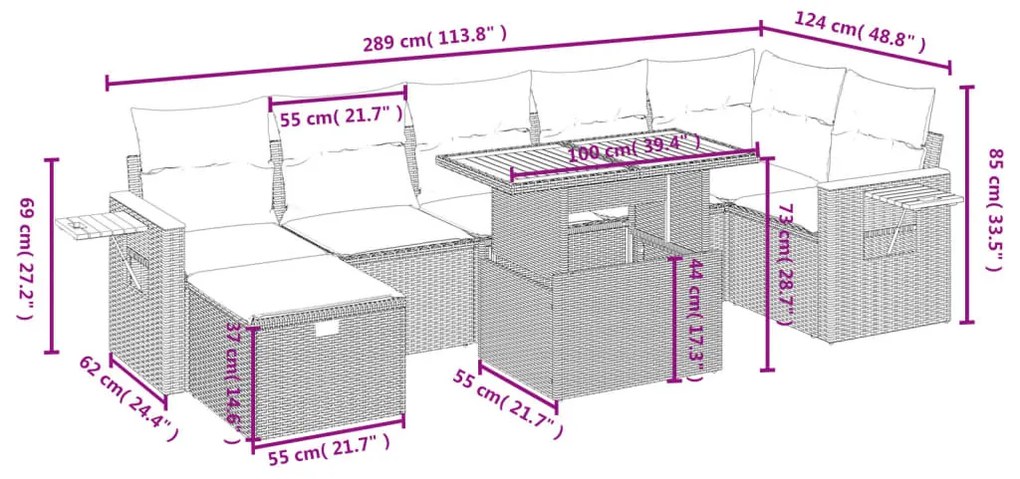 8 részes fekete polyrattan kerti ülőgarnitúra párnákkal