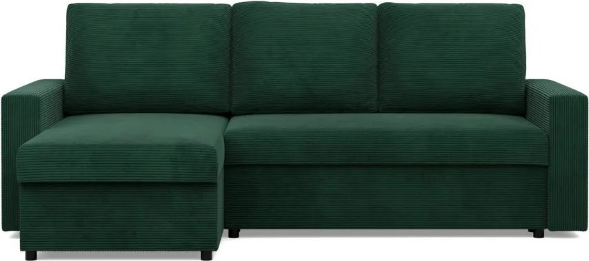 Zeus sarokkanapé, 2 ágyneműtartóval, egyenes kartámasz, kordbársony, univerzális oldal, hab töltet, zöld