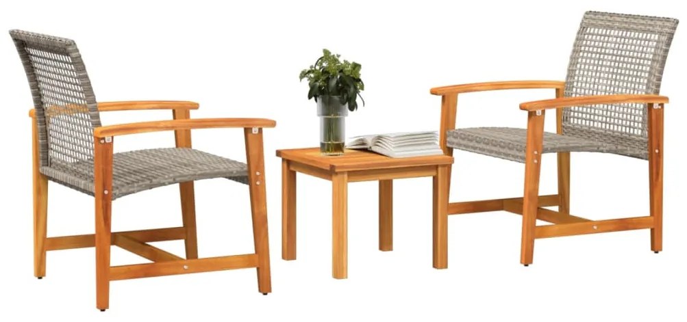 3 részes szürke polyrattan és akácfa bisztrószett