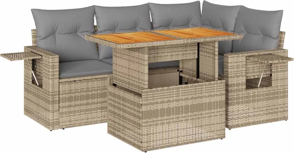 vidaXL 5 részes bézs polyrattan kerti ülőgarnitúra párnákkal