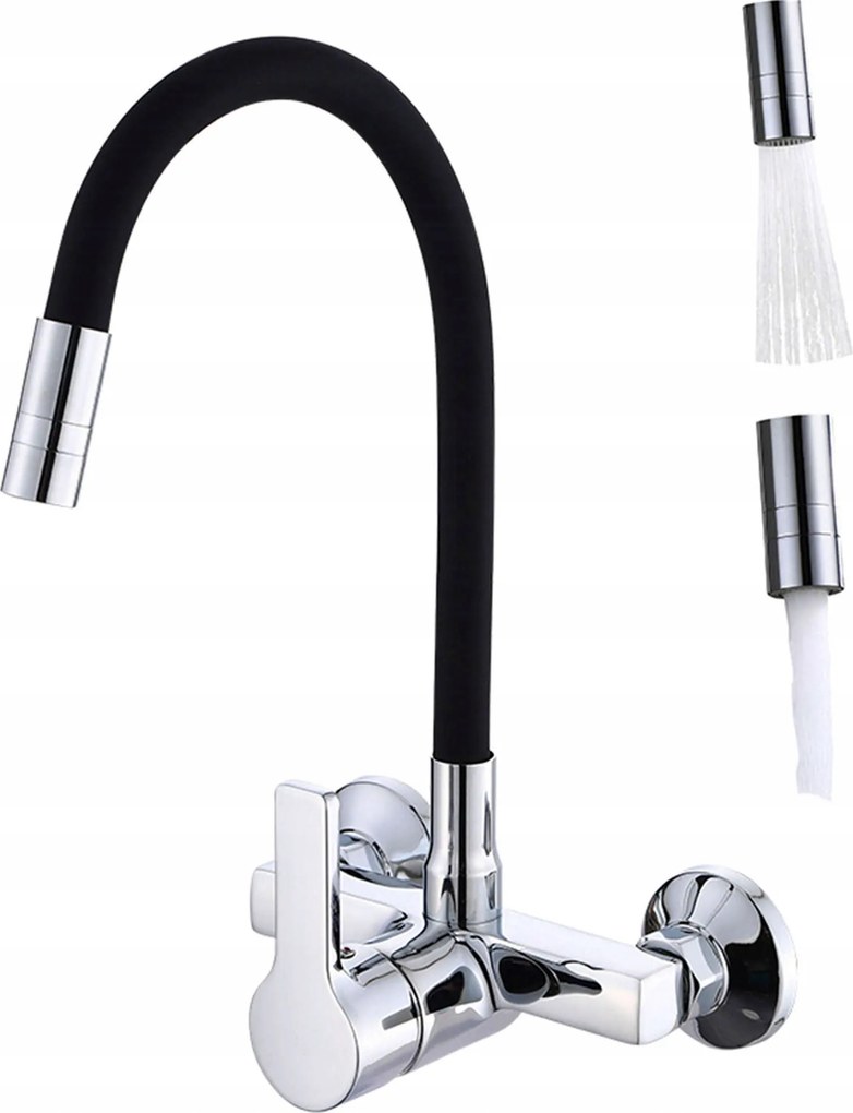 Konyhai Fali Csaptelep Fekete, Hajlékony Flexibilis Kifolyócsővel 2 Funkciós