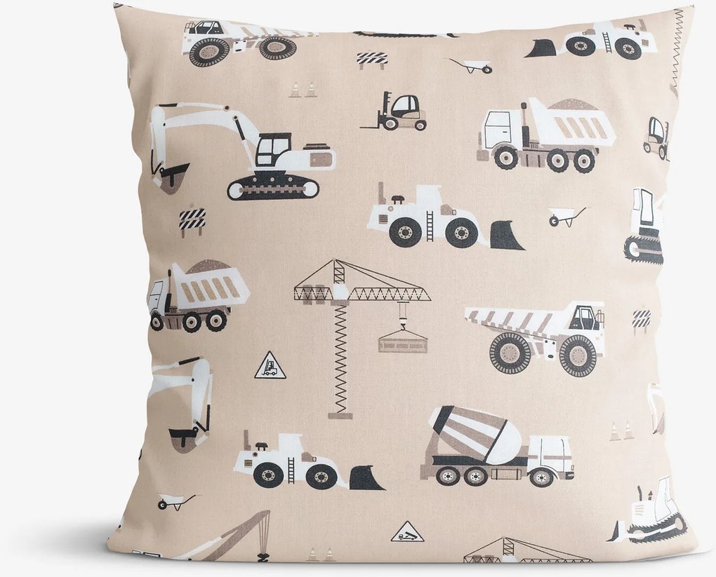 Goldea gyerek pamut párnahuzat - teherautók és markolók bézs alapon 45 x 45 cm