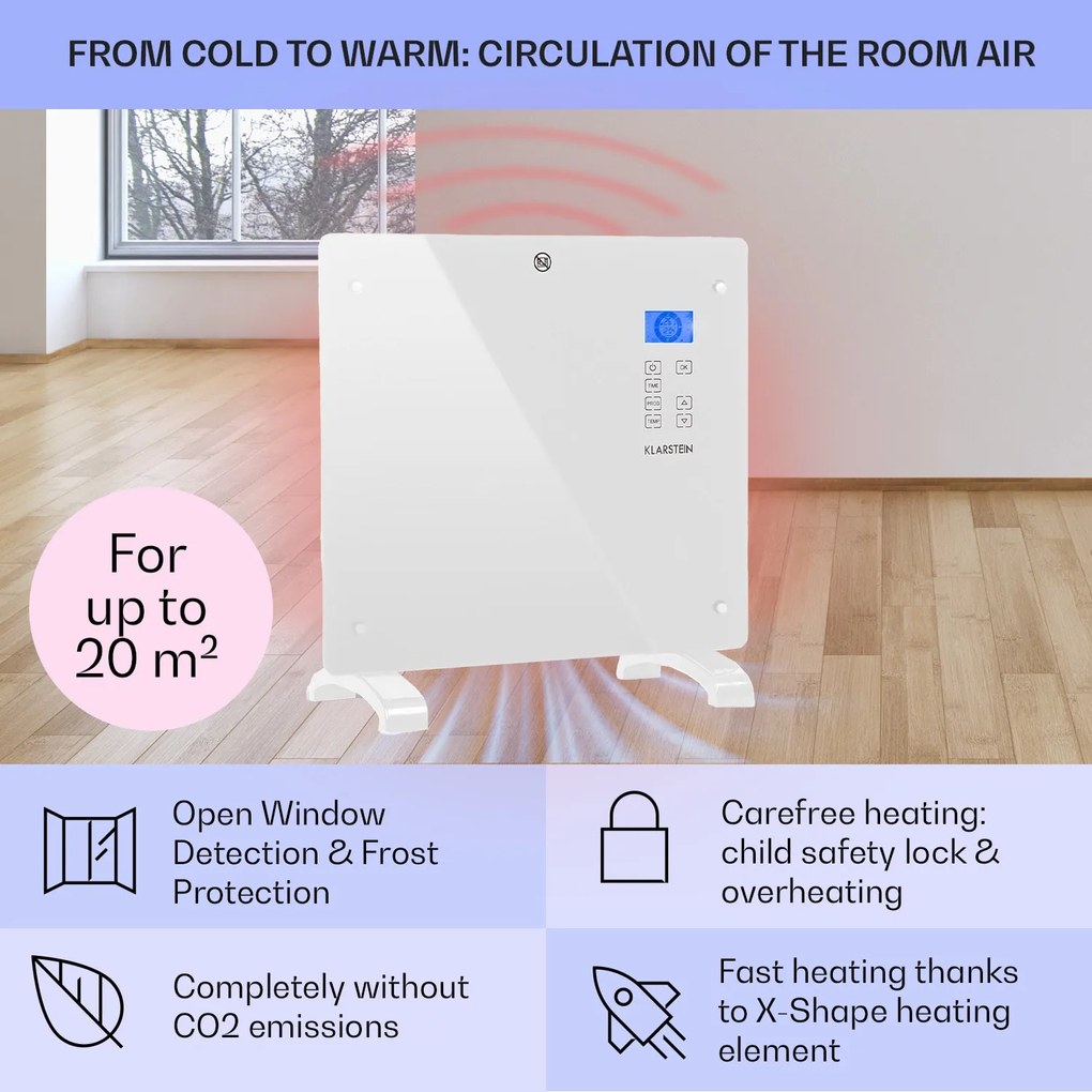 Klarstein Norderney, konvektor, 1000 W termosztát, időzítő, 20 m², fehér