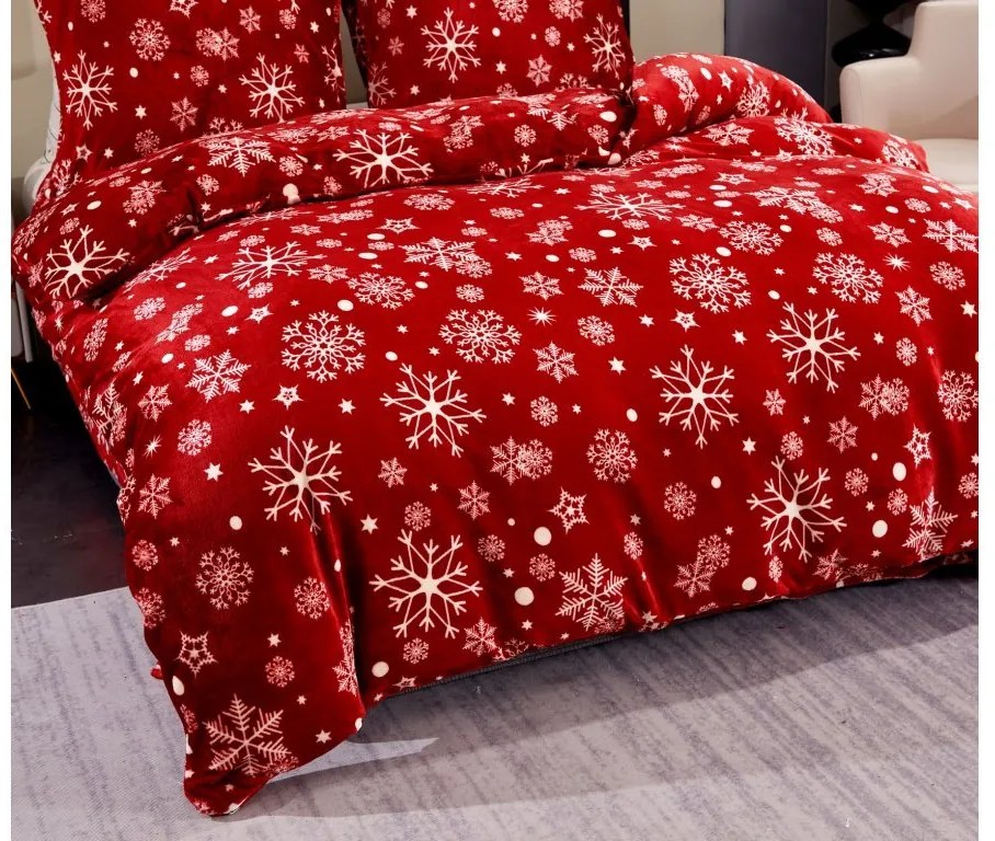Mikroplüss ágyneműhuzat SNOWFALL piros + mikroplüss lepedő SOFT 90x200 cm fehér, egyszemélyes ágyhoz