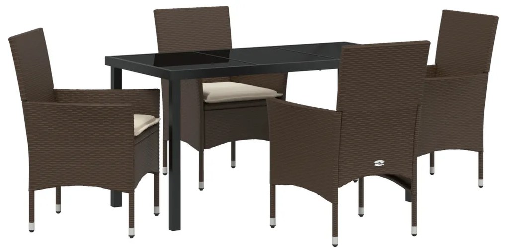 5 Részes Kerti Étkezőasztal Párnákkal Barna Poli Rattan, Kerti Asztal Fekete 140x80x73 cm Edzett Üveg