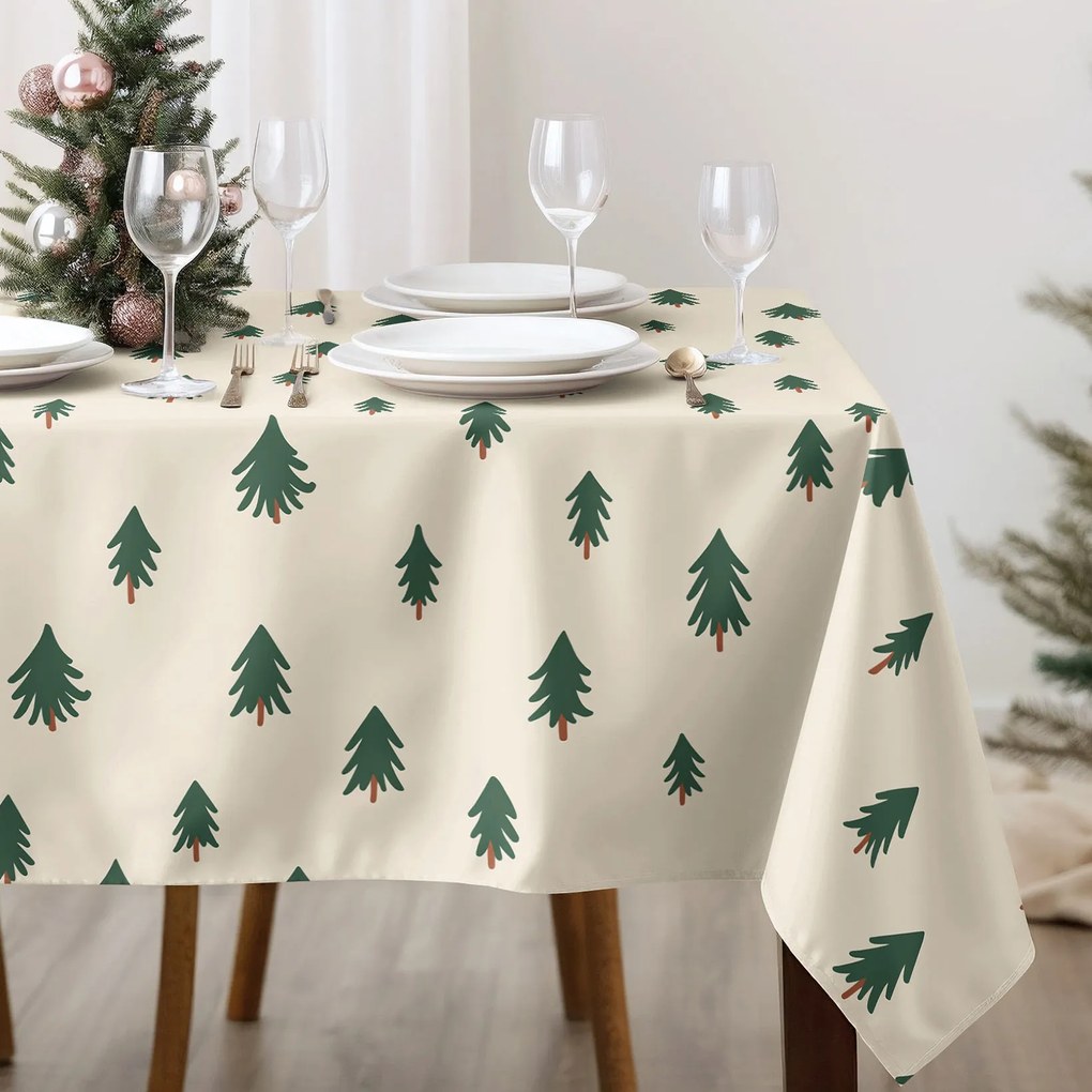 Goldea karácsonyi szögletes terítő - erős pamut - karácsonyfák bézs alapon 120 x 160 cm