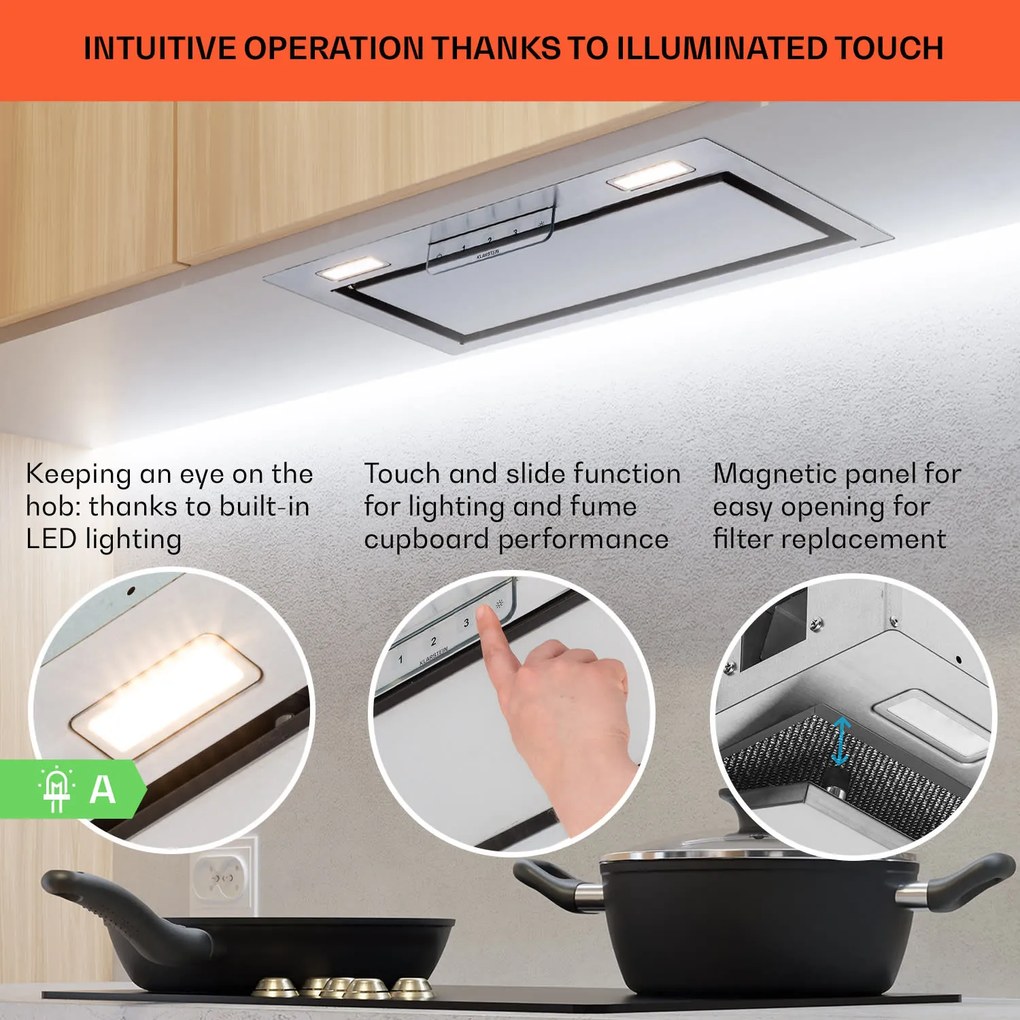 Klarstein Camila beépíthető 52 cm-es, 397 m³/ó LED Touch rozsdamentes acél páraelszívó