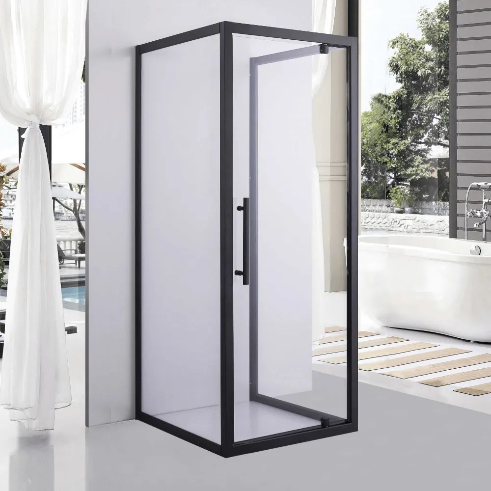 Stuxi Torino Black 80x100 falsíkra szerelhető 3 oldalú nyílóajtós zuhanykabin 6 mm vízlepergető biztonsági üveggel, fekete elemekkel, 200 cm magas